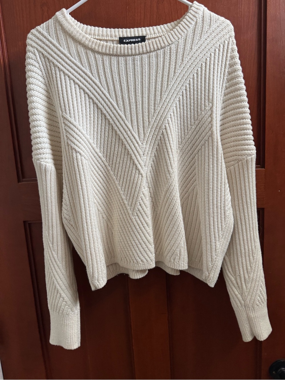 Express Cream Ribbed V-Pattern Crewneck Sweater